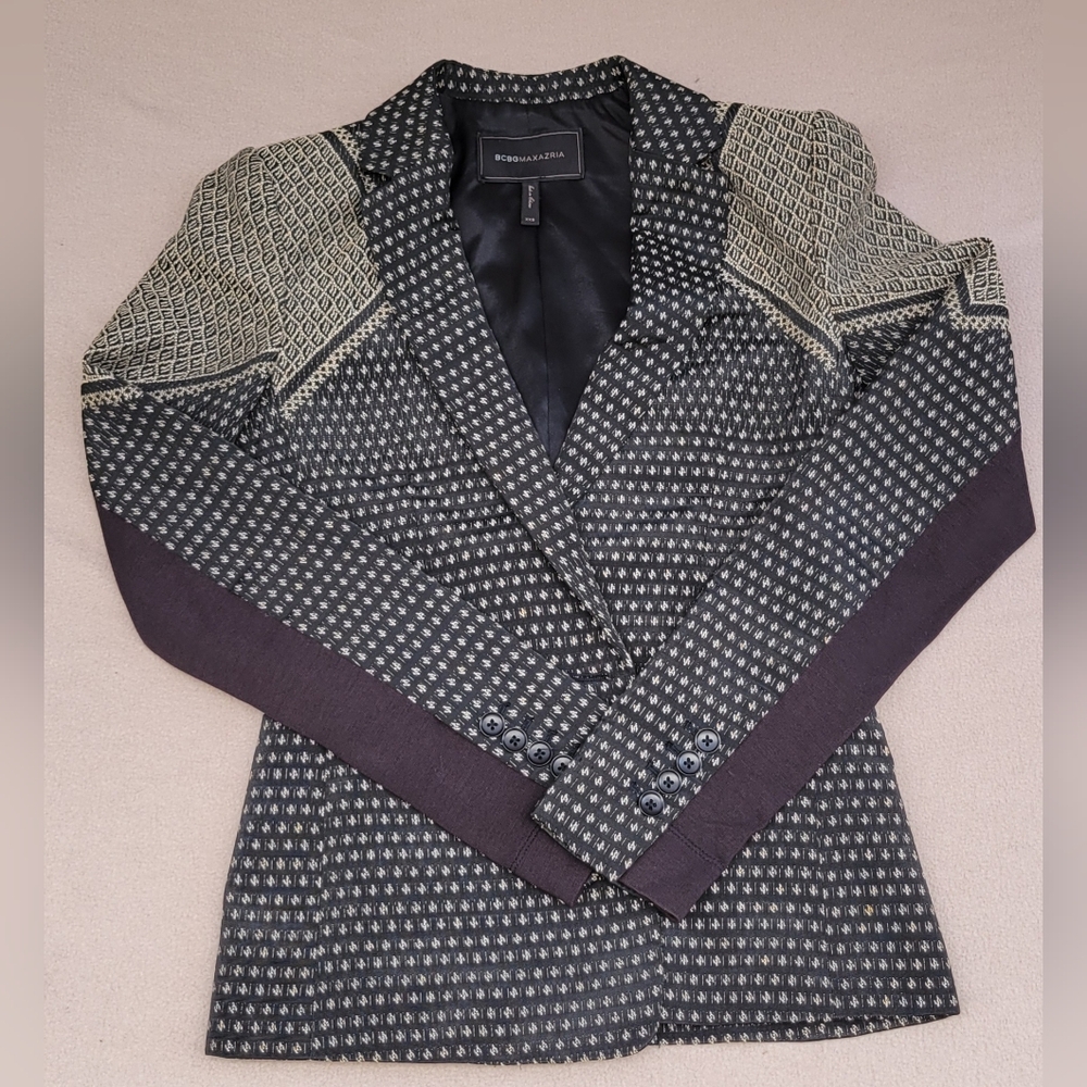 BCBGMAXAZRIA Blazer XXS Geometric Pattern Puff Shoulders Black Beige Jacket